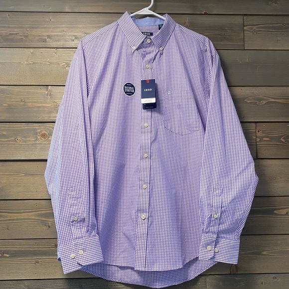 NWT IZOD Natural Stretch 100% cotton Blue Checkered Dress‎ Shirt Size Large - Picture 1 of 9